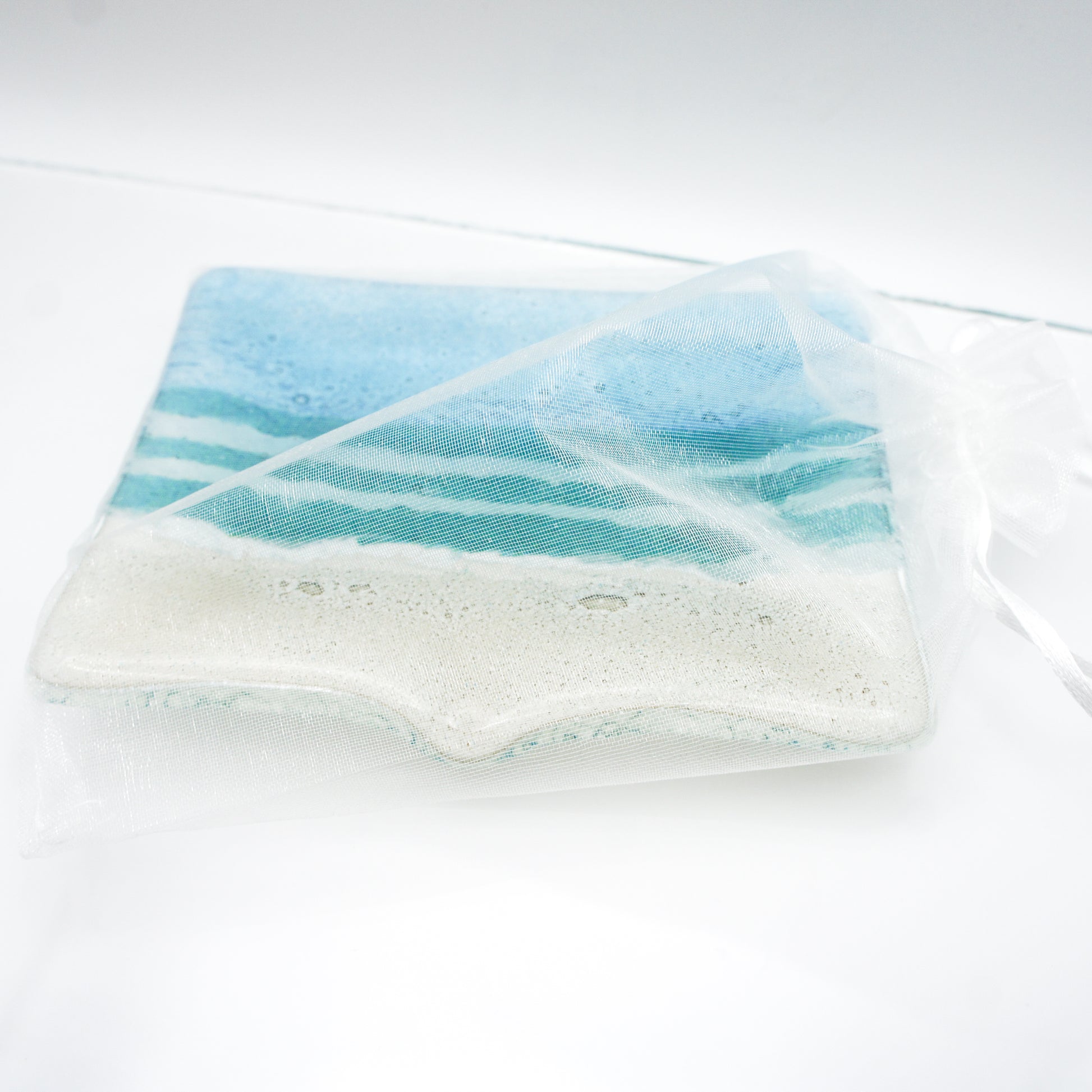 beach glass soap dish in organza bag