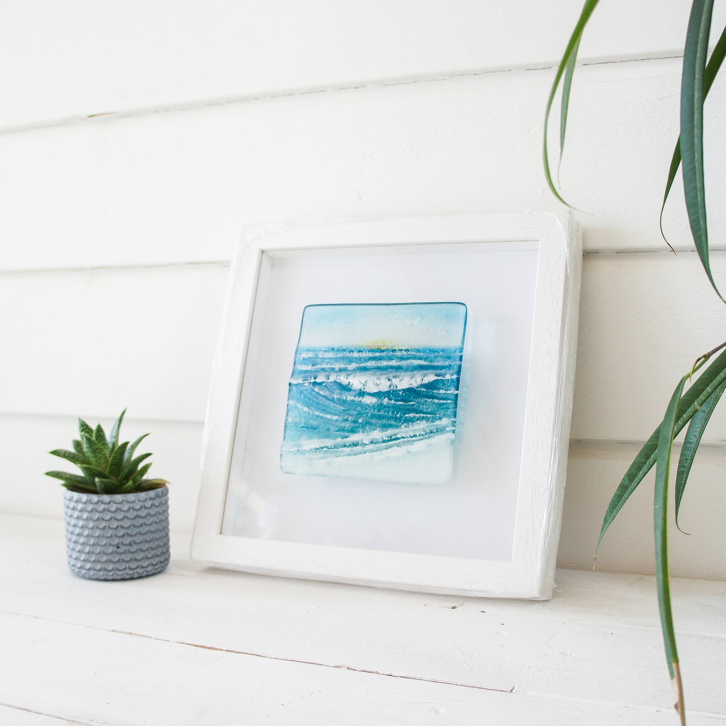 wave fused glass wall art square frame