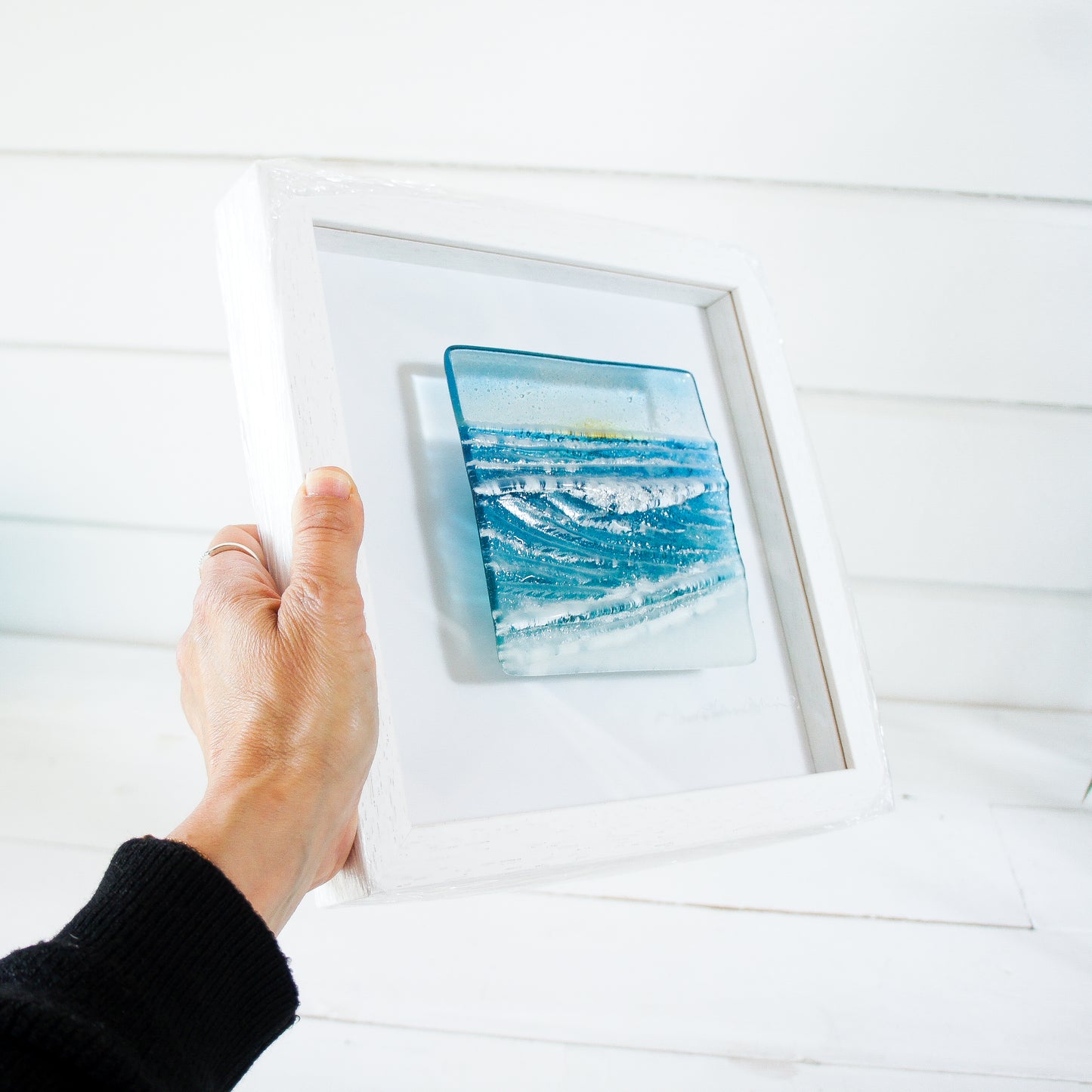 wave fused glass wall art square frame