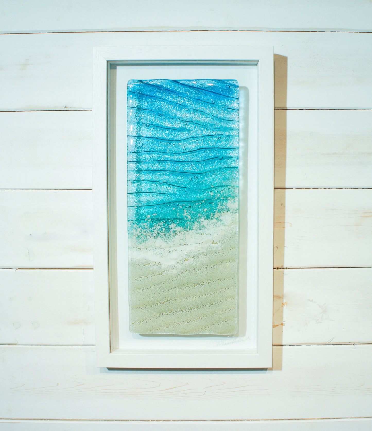 portrait beach teal fused glass wall art frame sea glass