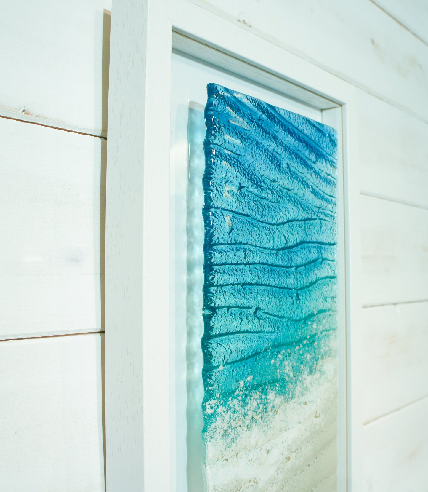 portrait beach teal fused glass wall art frame sea glass