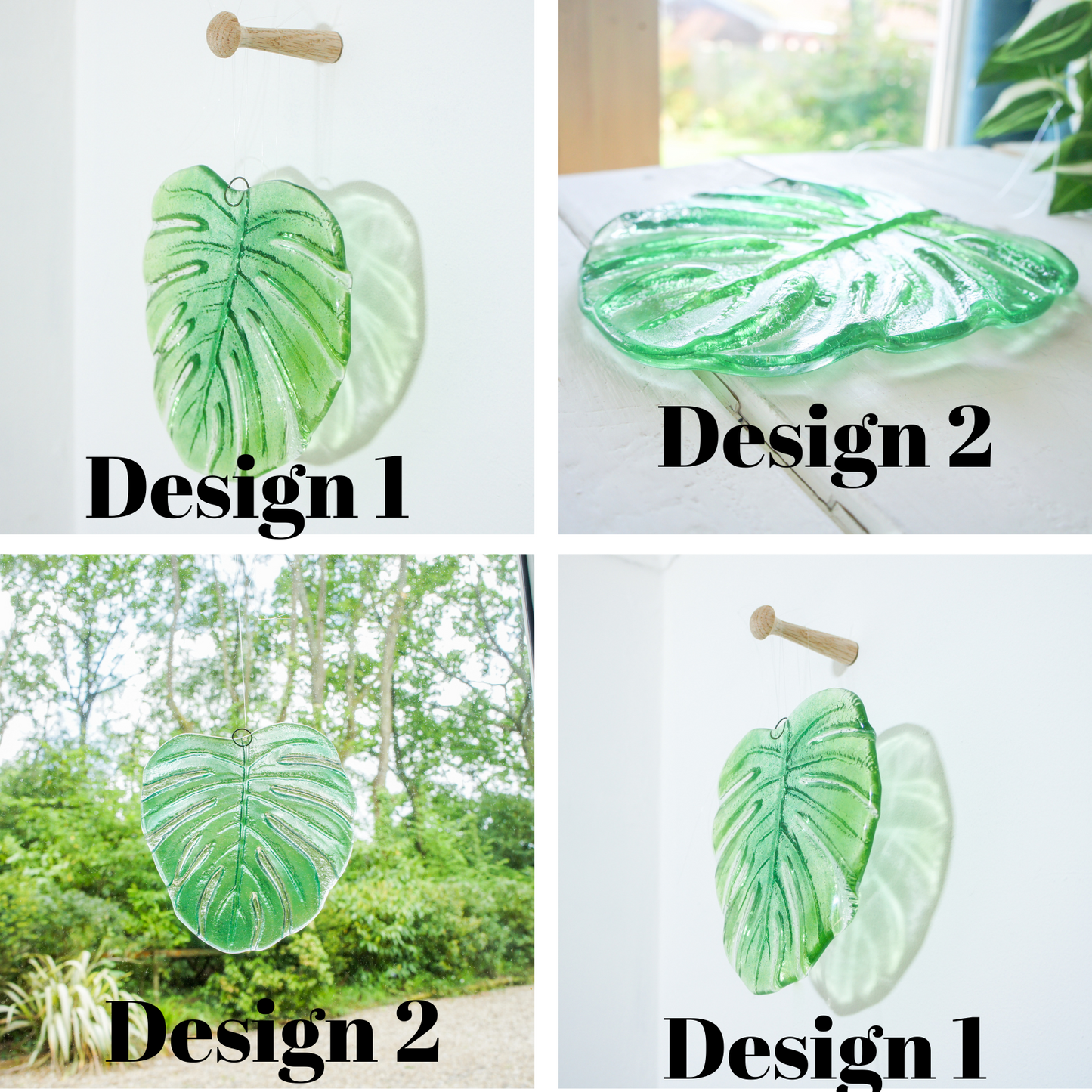 Monstera Leaf Glass Suncatcher 16.5cm(6 1/2"), botanical fused glass hanging ornament, variegated monstera garden decor, outdoor yard art glass