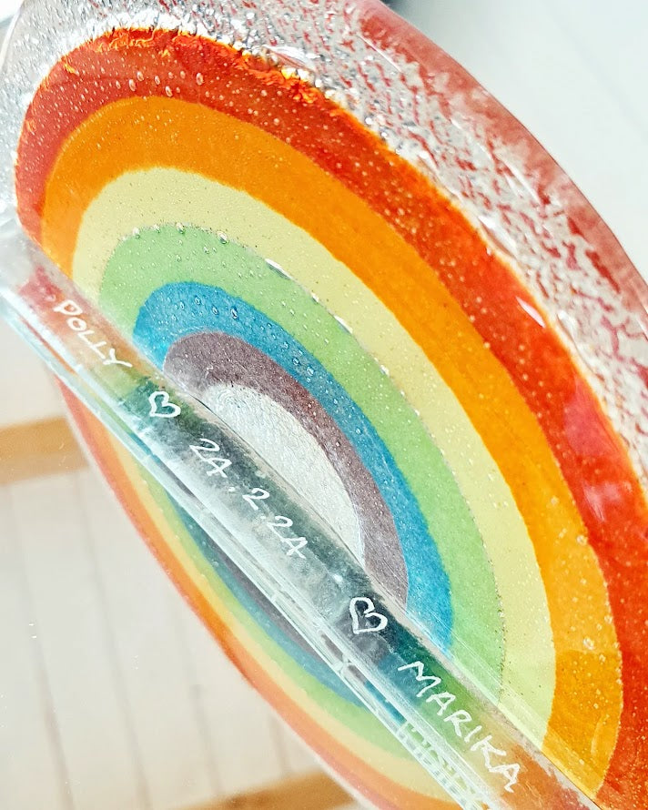 Personalised Glass Rainbow Suncatcher 19x10cm(7 1/2x4"), Memorial Fused Glass Engraved Rainbow Glass Suncatcher, Fused Glass Gift Memorial