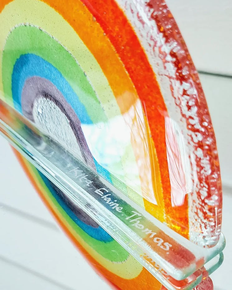Personalised Glass Rainbow Suncatcher 19x10cm(7 1/2x4"), Memorial Fused Glass Engraved Rainbow Glass Suncatcher, Fused Glass Gift Memorial