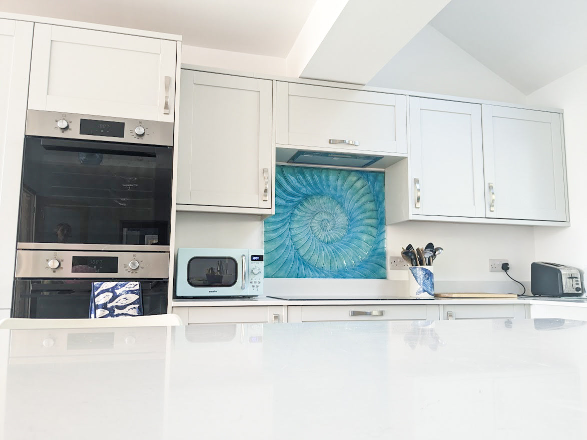 blue ammonite glass splashback bespoke