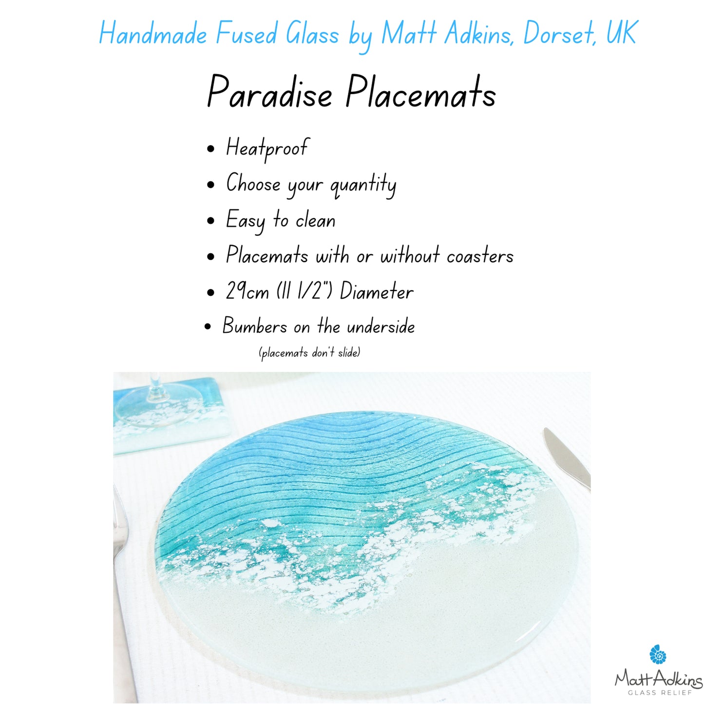 Coastal Round Glass Placemats and Coasters Set Heatproof, beach tablemats 29cm (11 1/2) with coasters, handmade dinner set, dinner service
