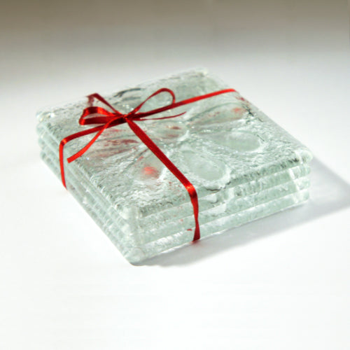set of daisy flower fused glass clear square coasters 10cm with ribbon