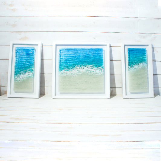 Triptych Paradise Frames including 2 at 25cmx45cm(10x17") + 1 at 45x45cm(17x17"), 3 Paradise Large Square Sea Beach Fused Glass Frames