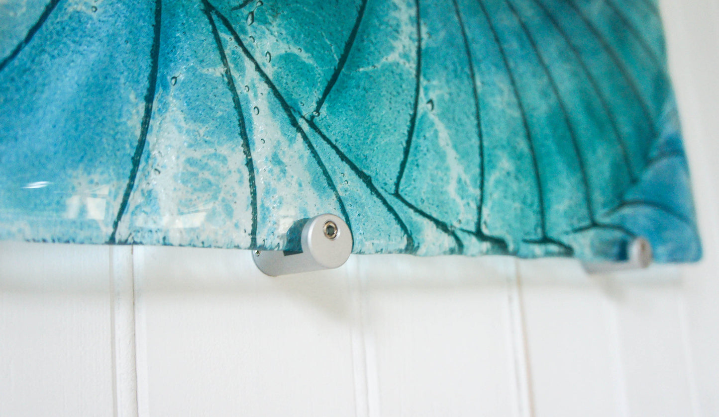 Large Ammonite Glass Art 40cm(16"), Turquoise Blue Square Ammonite Glass Wall Sculpture, Coastal Fused Glass, Fossil Nautilus Seashell Art