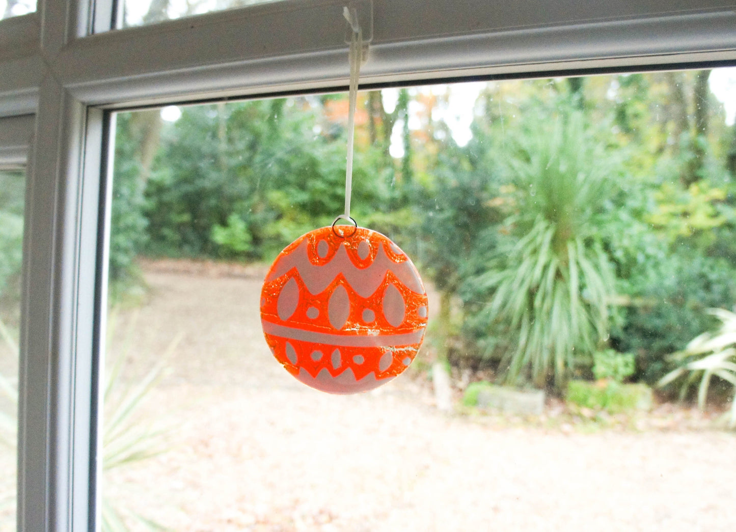 Red Bauble Glass Decoration-FREE UK SHIPPING-Red/Orange and White Christmas Decoration-12cm / 5" diameter