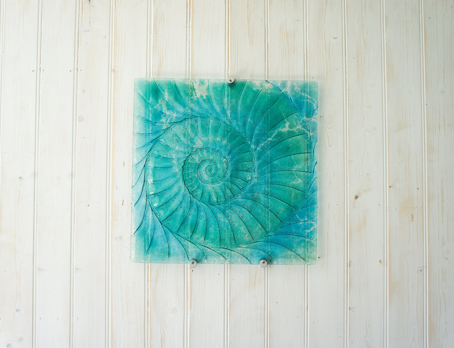 Large Square Ammonite Panel 40x40cm (16x16"),Turquoise/Blue Ammonite Glass Wall Panel, Fossil Nautilus Seashell Picture, abstract wall art