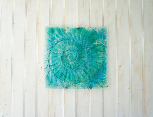 Large Square Ammonite Panel 40x40cm (16x16"),Turquoise/Blue Ammonite Glass Wall Panel, Fossil Nautilus Seashell Picture, abstract wall art