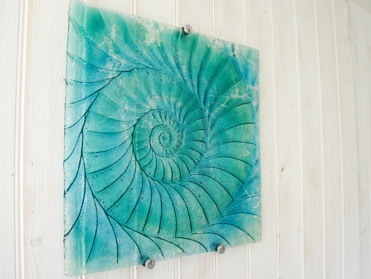 Large Square Ammonite Panel 40x40cm (16x16"),Turquoise/Blue Ammonite Glass Wall Panel, Fossil Nautilus Seashell Picture, abstract wall art