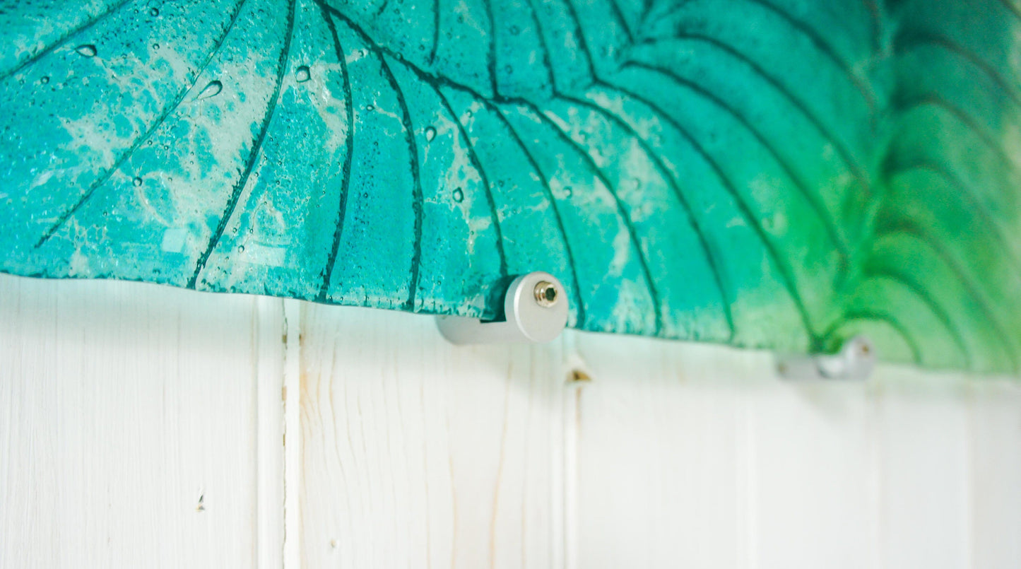 Large Ammonite Glass Art 56x26cm(22x10"), Nautilus Lime Green Turquoise Blue Landscape Fossil Fused Glass Wall Sculpture, Abstract Wall Art