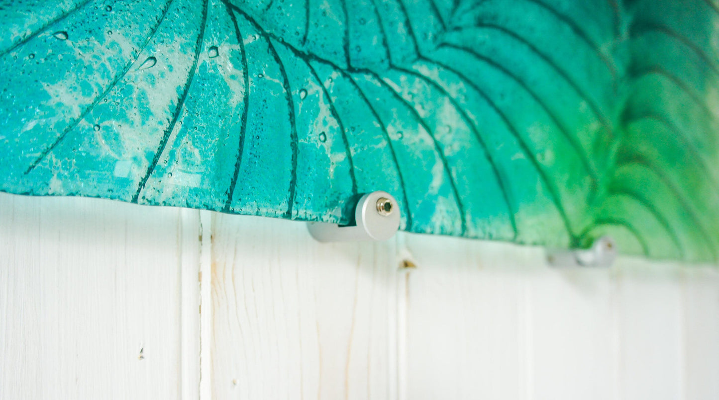 Large Ammonite Glass Art 56x26cm(22x10"), Green Turquoise Blue Swirl Landscape Fossil Fused Glass Wall Sculpture, Nautilus Abstract Art