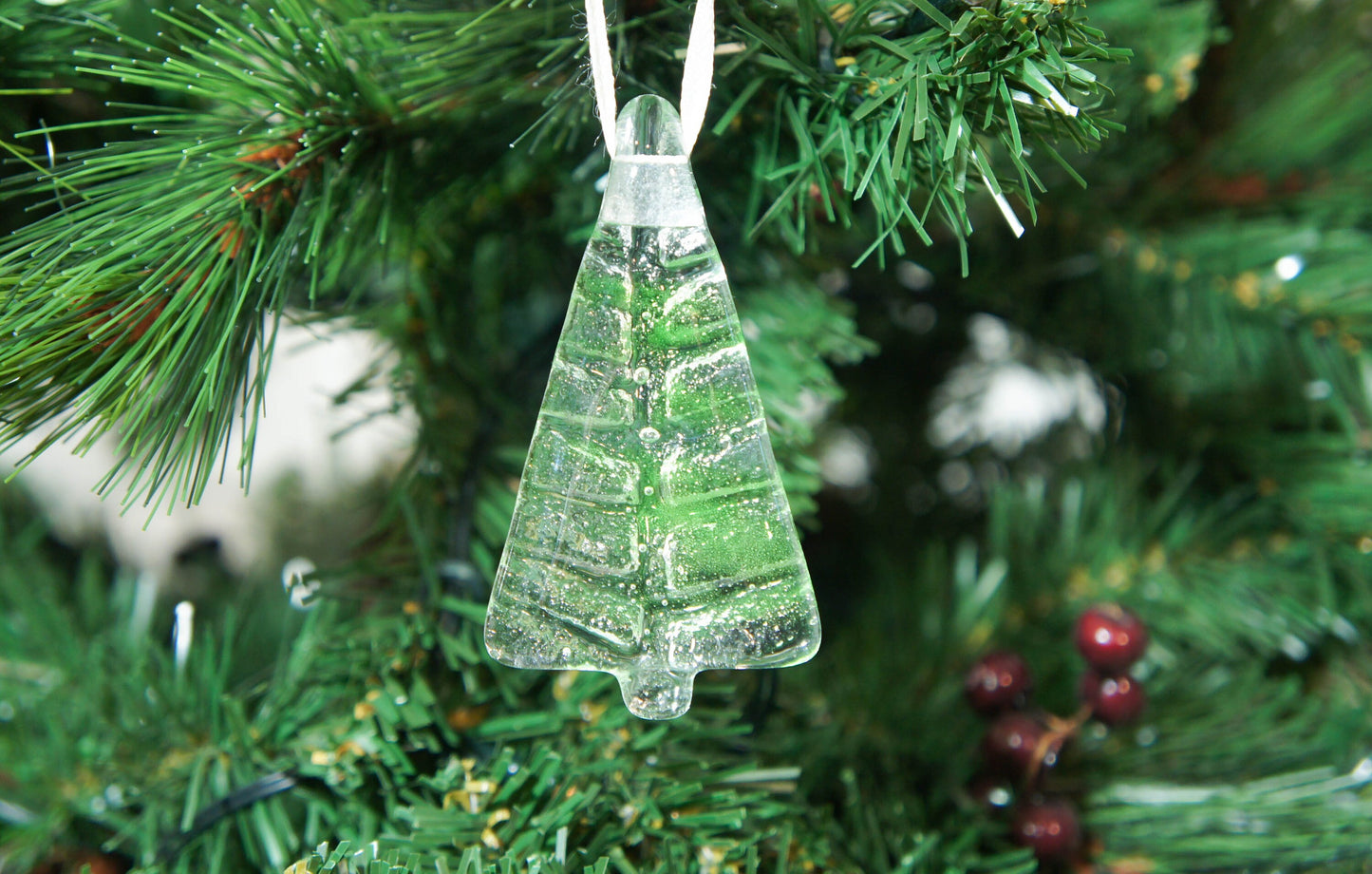 3 to 6 Mini green Christmas hanging glass trees 8cm (3"), Christmas tree glass hanging decorations, green trees with ribbon & organza bags
