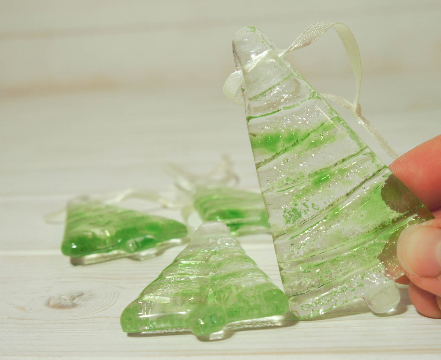 3 to 6 Mini green Christmas hanging glass trees 8cm (3"), Christmas tree glass hanging decorations, green trees with ribbon & organza bags