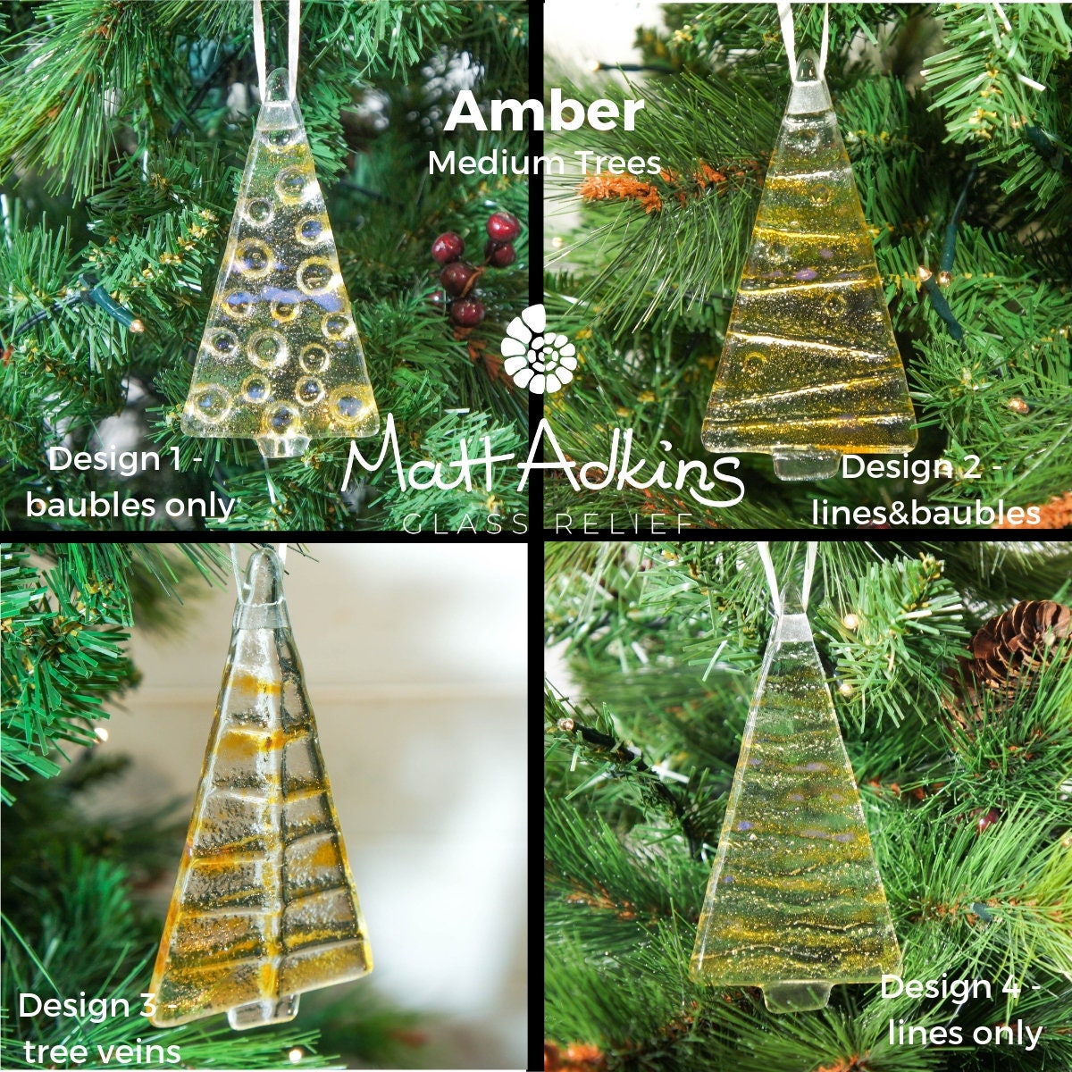 2 to 6 Medium Amber Chritmas trees, gold Christmas Decoration 12cm / 3 3/4" tall, hanging glass tree Christmas tree hanging ornament