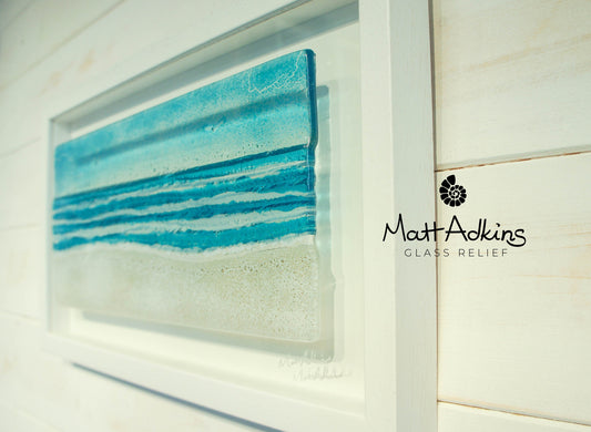 Large Landscape Beach Frame (45cmx25cm/18x10"), Panoramic Blue Beach Fused Glass Frame, Sea Glass Coastal Wall Art birds sky sand