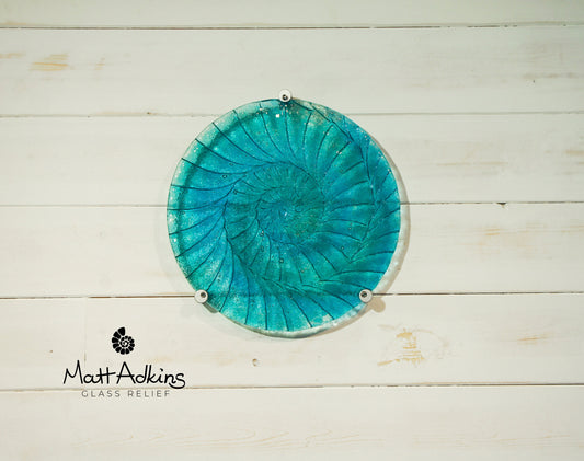 Round Ammonite Art 29cm(11 1/2"), Blue Teal Circle Ammonite Glass Wall Panel with 3 fixings, Wall Sculpture Fossil Nautilus Seashell Art