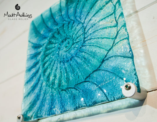 Glass Ammonite 22cm(9"), Turquoise Blue Teal Ammonite Glass Wall Panel with 3 fixings, Wave Sculpture Wall Art Fossil Nautilus Seashell