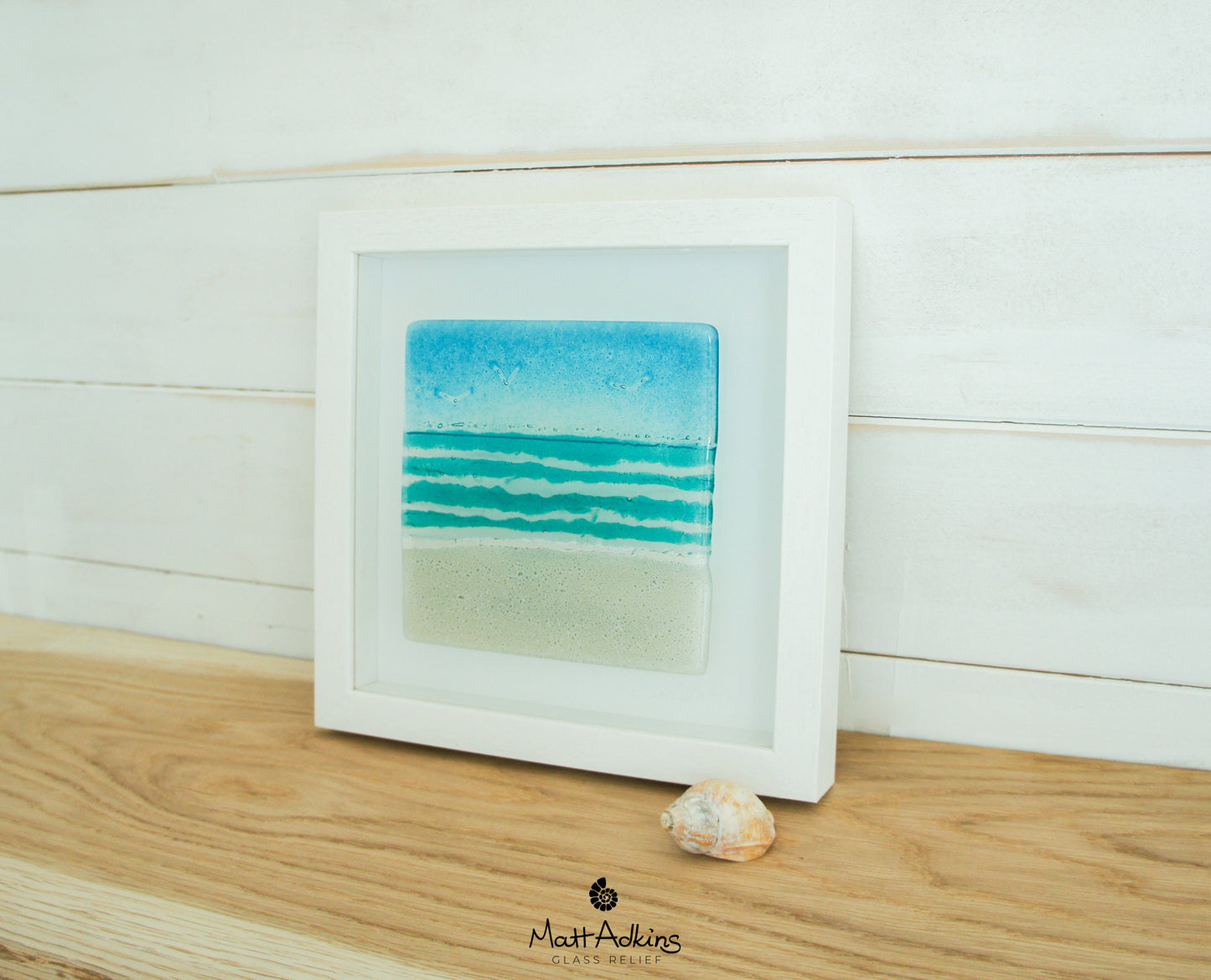 2 Beach Frames 25x25cm/10", Blue and Turquoise Seaside Glass Framed Picture sea and sand, fused glass wall art FB221&FB222
