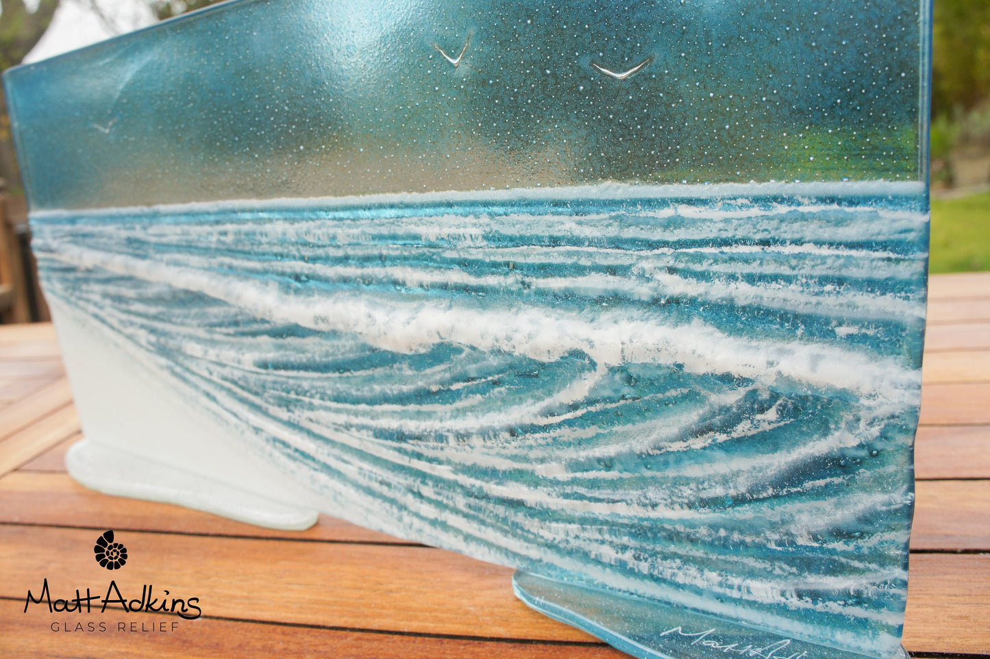 2 Wave Glass Art Stands 40x20cm(16x8") each, Wave Panels with and without Sun, Fused Glass Sea Art, Coastal Art, Ocean Glass Art Sculpture