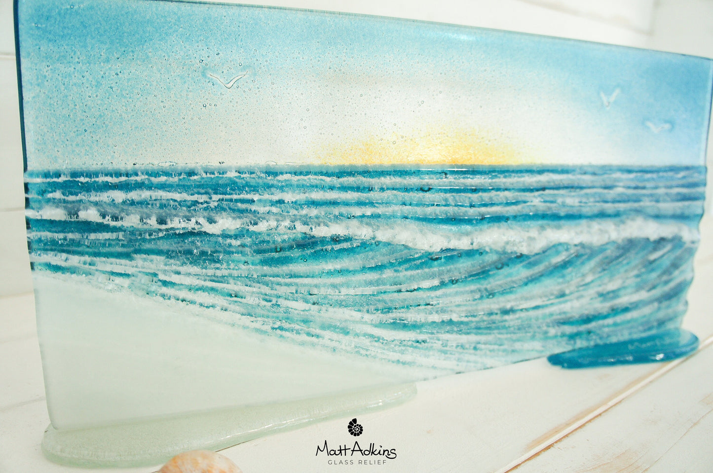 2 Wave Glass Art Stands 40x20cm(16x8") each, Wave Panels with and without Sun, Fused Glass Sea Art, Coastal Art, Ocean Glass Art Sculpture