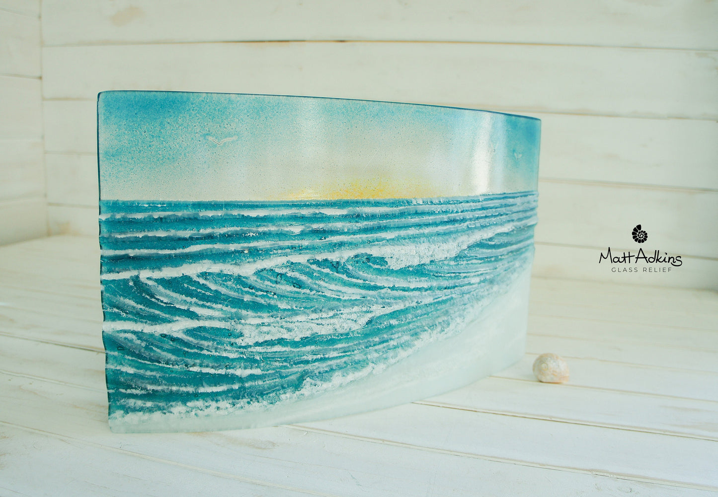 Glass Wave Stand Sun 44x26cm(17x10"), Teal Freestanding Wave Fused Glass Art, Breaking Wave, Ocean Coastal Seascape with birds Model 5