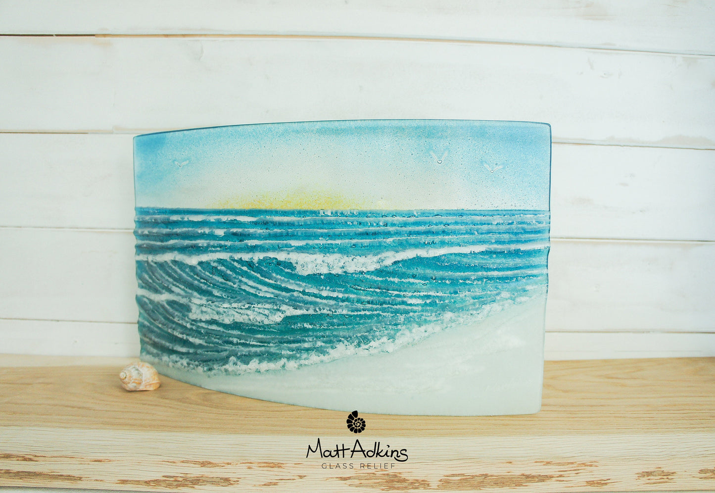 Glass Wave Stand Sun 44x26cm(17x10"), Teal Freestanding Wave Fused Glass Art, Breaking Wave, Ocean Coastal Seascape with birds Model 5