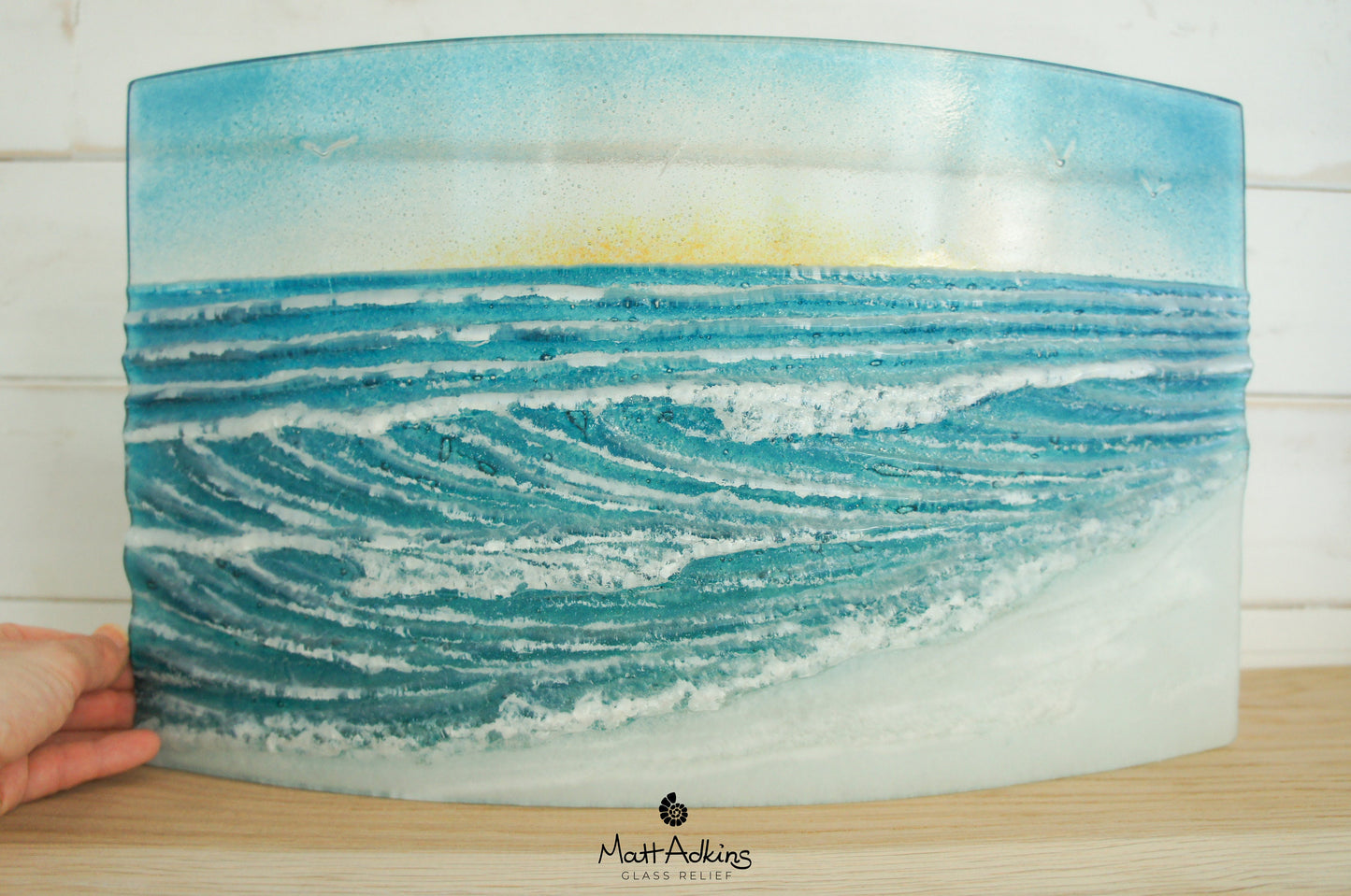 Glass Wave Stand Sun 44x26cm(17x10"), Teal Freestanding Wave Fused Glass Art, Breaking Wave, Ocean Coastal Seascape with birds Model 5