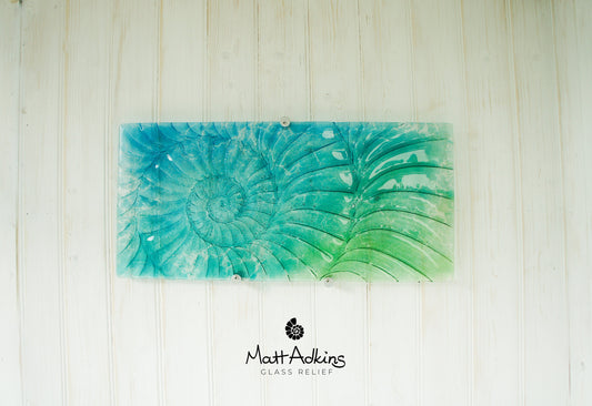 Large Ammonite Glass Art 56x26cm(22x10"), Nautilus Lime Green Turquoise Blue Landscape Fossil Fused Glass Wall Sculpture, Abstract Wall Art