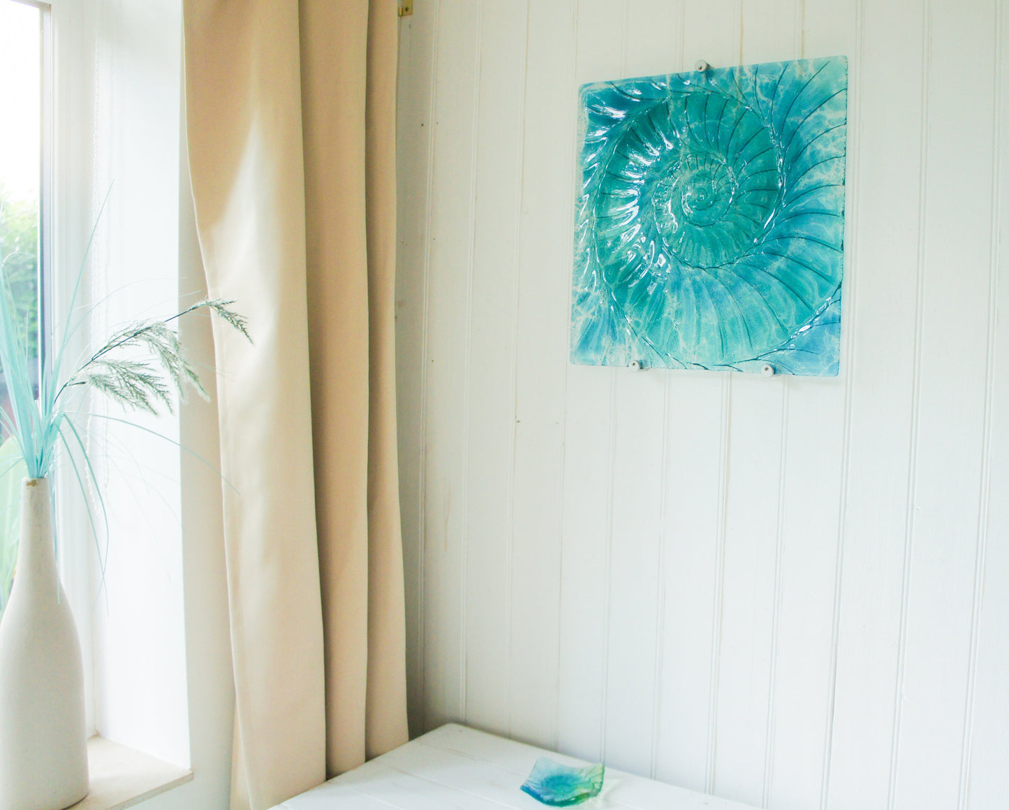 Large Ammonite Glass Art 40cm(16"), Turquoise Blue Square Ammonite Glass Wall Sculpture, Coastal Fused Glass, Fossil Nautilus Seashell Art