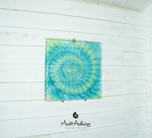 Large Ammonite Glass Art 40cm(16"), Turquoise Blue Lime Green Square Ammonite Glass Wall Sculpture, Fossil Nautilus Seashell Fused Glass Art