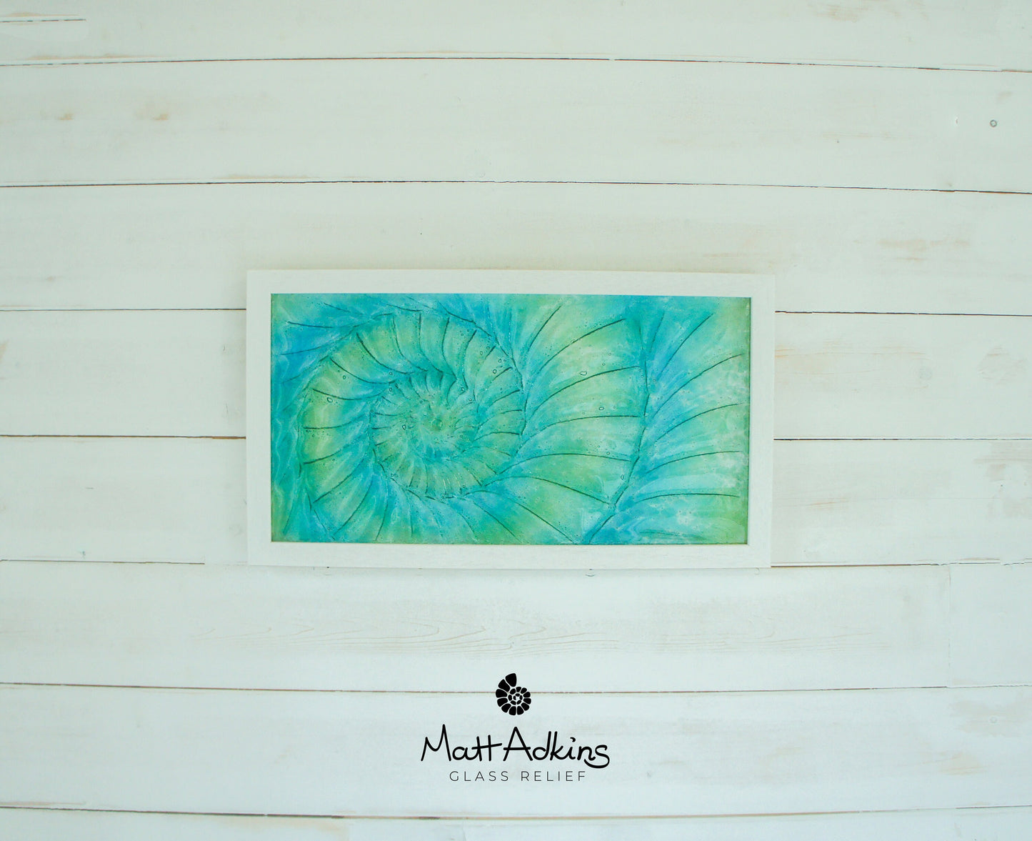 Glass Ammonite Frame 45x25cm (17x10"), Lime Green Turquoise Blue Landscape Frame Wall Art, Ammonite Fossil Nautilus, Shell Picture