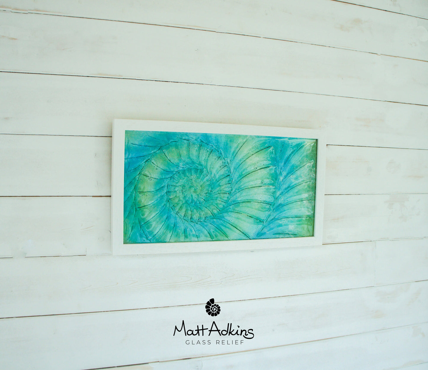 Glass Ammonite Frame 45x25cm (17x10"), Lime Green Turquoise Blue Landscape Frame Wall Art, Ammonite Fossil Nautilus, Shell Picture