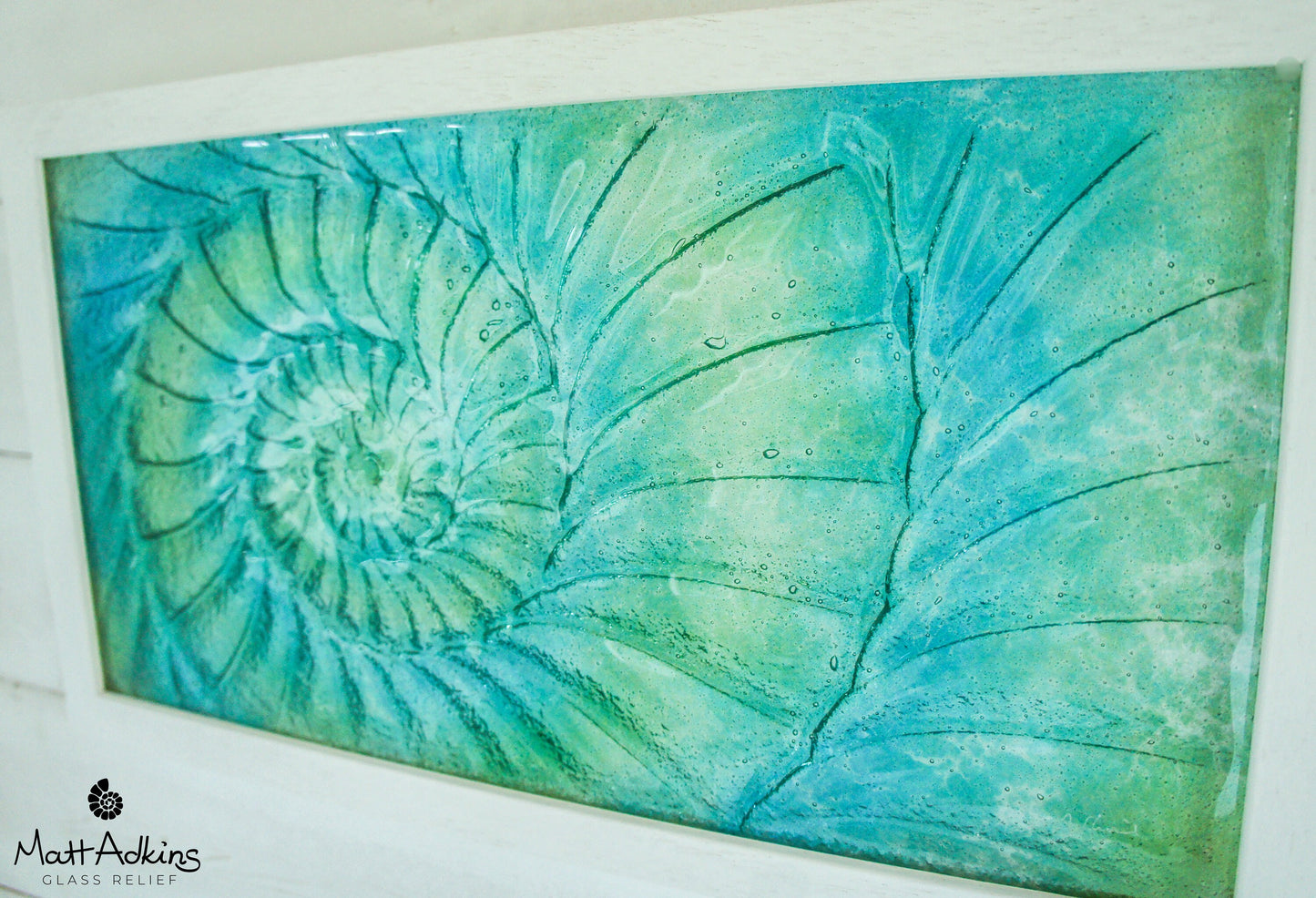 Glass Ammonite Frame 45x25cm (17x10"), Lime Green Turquoise Blue Landscape Frame Wall Art, Ammonite Fossil Nautilus, Shell Picture