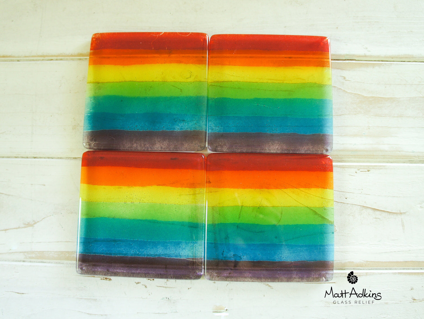 4 Rainbow Glass Coasters | Multicoloured Stripe Rainbow Fused Glass Coasters | rainbow coaster | Set of 4 Glass Coasters 10x10cm / 4x4"
