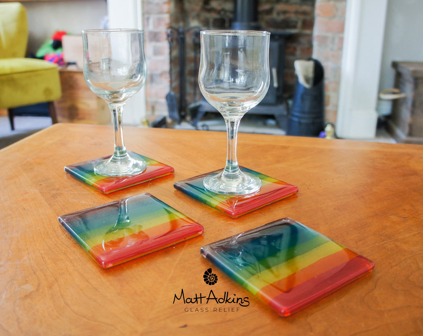 set of 4 Fused Glass Rainbow Coasters, Colourful Fused Glass Coasters, unique handmade coasters gifts 10cm(4"), rainbow lgbtq pride glass
