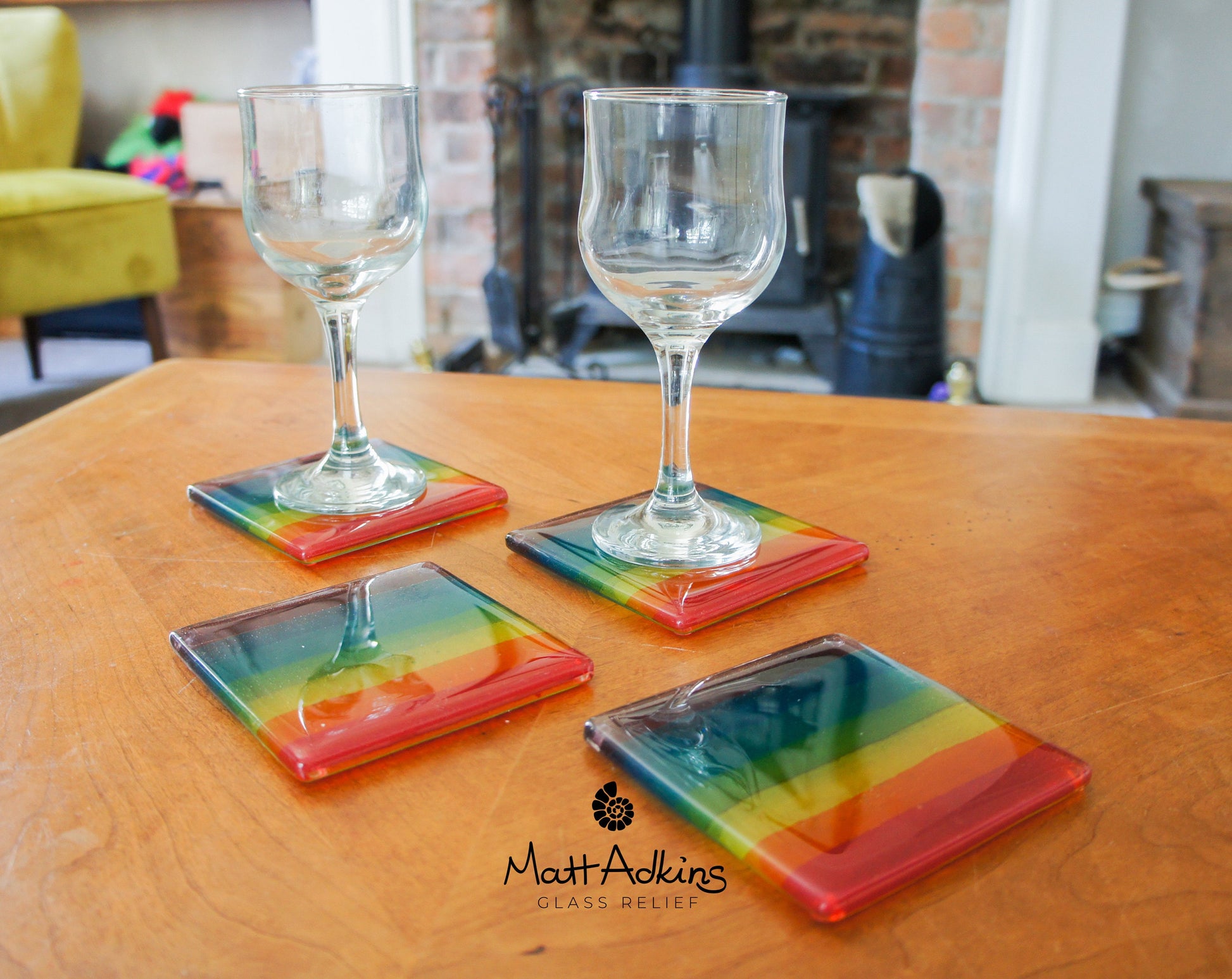 set of 4 Fused Glass Rainbow Coasters, Colourful Fused Glass Coasters, unique handmade coasters gifts 10cm(4"), rainbow lgbtq pride glass