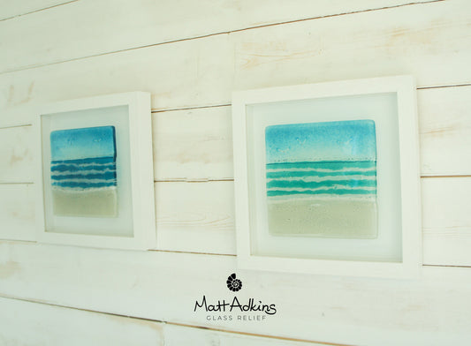 2 Beach Frames 25x25cm/10", Blue and Turquoise Seaside Glass Framed Picture sea and sand, fused glass wall art FB221&FB222