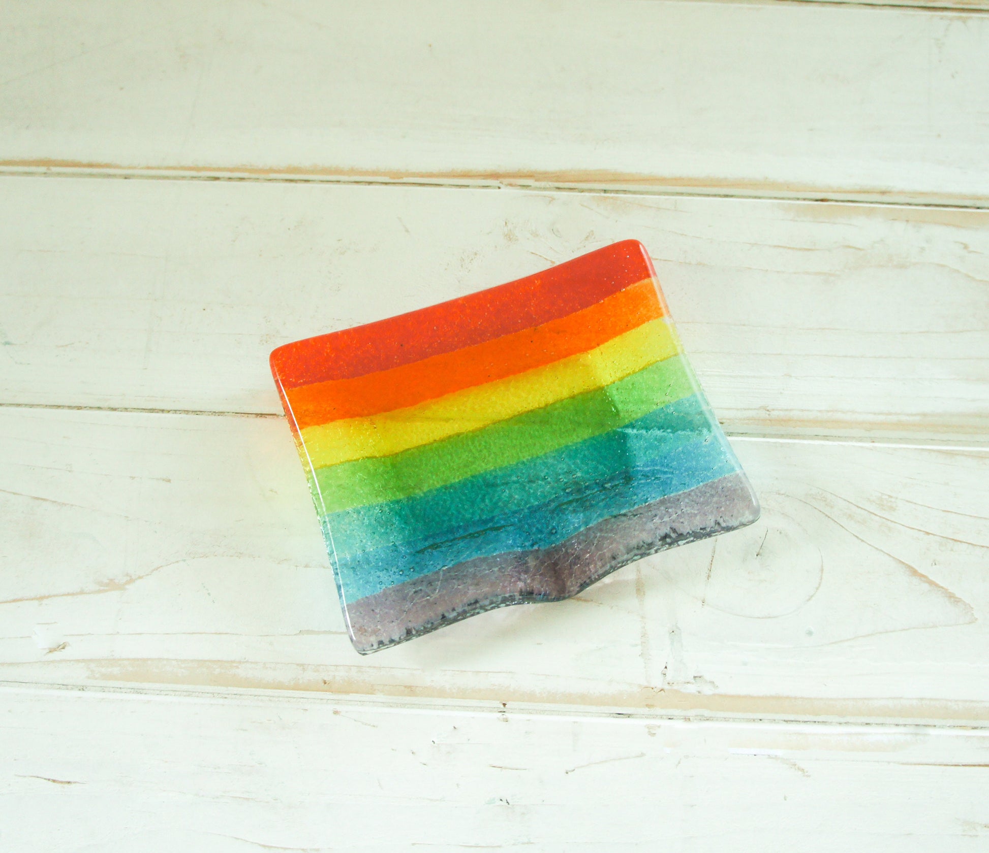 rainbow gifts	rainbow trinket dish	soap dispenser	bathroom decor	Fused Glass	glass soap tray	sympathy gift	hostess gift	handmade soapdish	soap dish with drain	new home gift	sea glass homeware	home accessories
