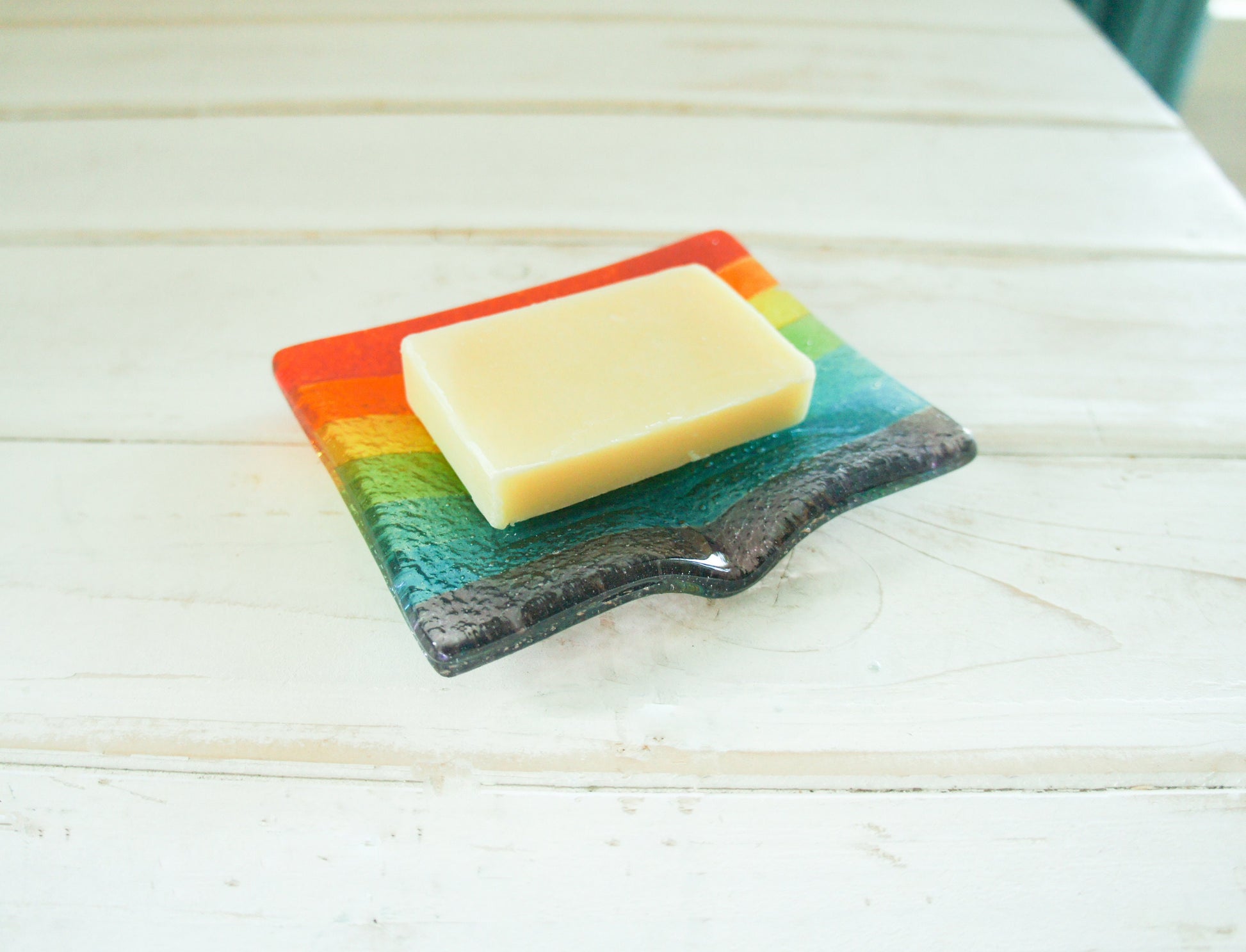 rainbow gifts	rainbow trinket dish	soap dispenser	bathroom decor	Fused Glass	glass soap tray	sympathy gift	hostess gift	handmade soapdish	soap dish with drain	new home gift	sea glass homeware	home accessories