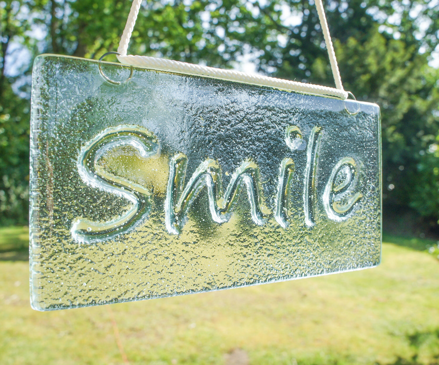 Smile Suncatcher 20x10cm(8x4"), Smile Sign Fused Glass Clear Hanging Suncatcher, Handmade Window Decoration Art, gifts, housewarming gifts