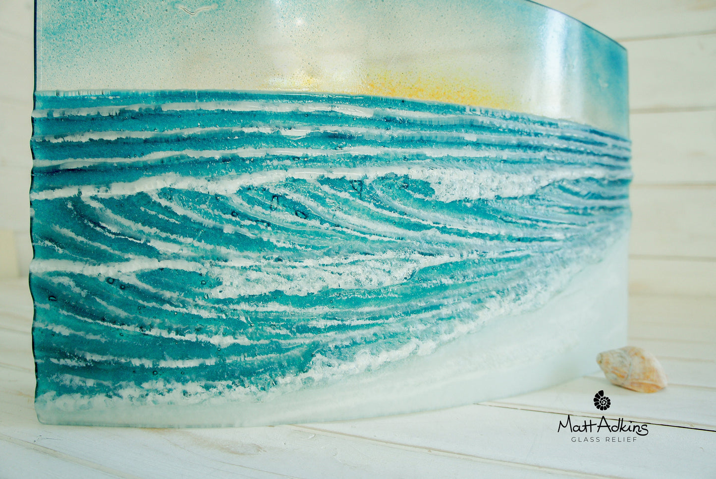 Glass Wave Stand Sun 44x26cm(17x10"), Teal Freestanding Wave Fused Glass Art, Breaking Wave, Ocean Coastal Seascape with birds Model 5