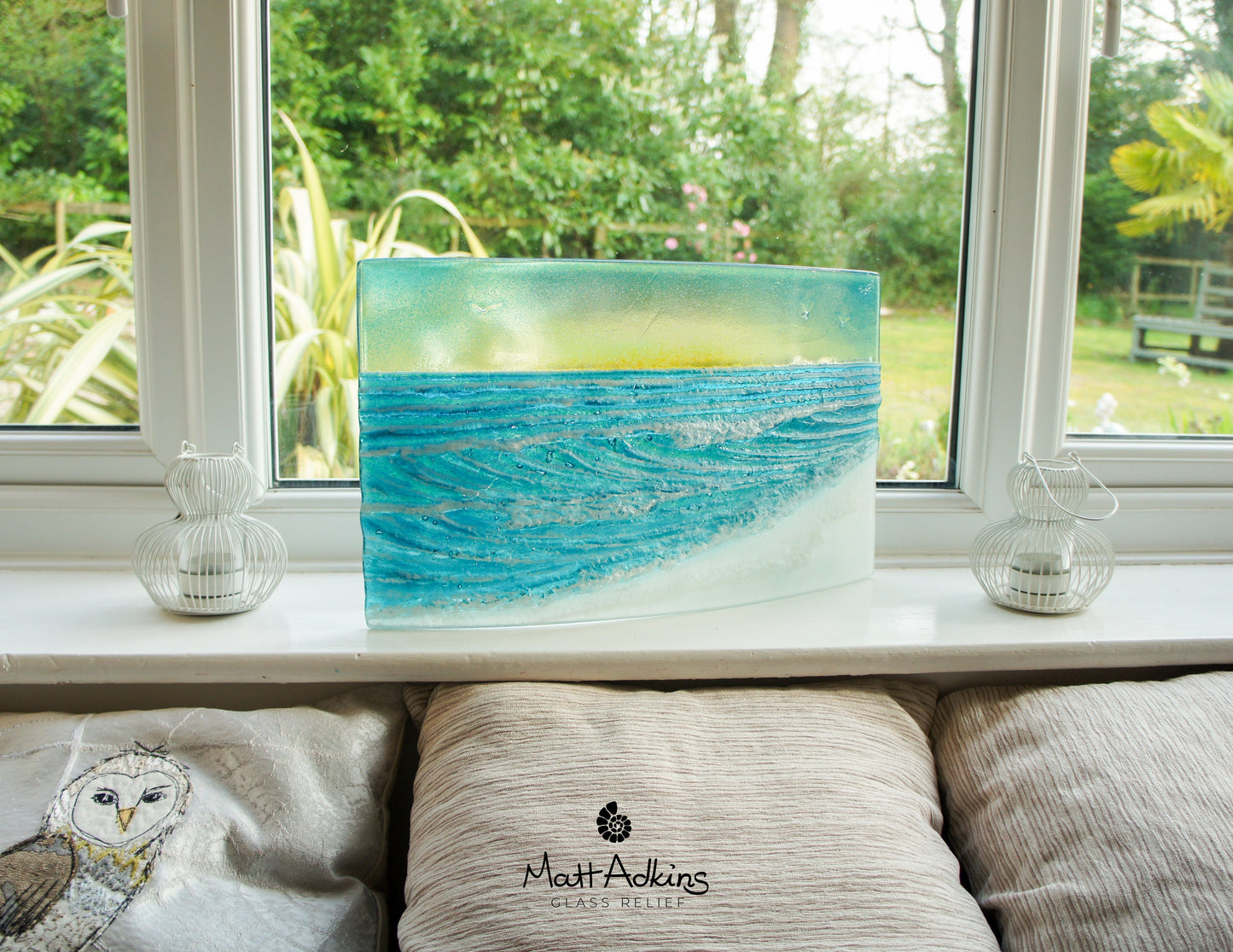 Glass Wave Stand Sun 44x26cm(17x10"), Teal Freestanding Wave Fused Glass Art, Breaking Wave, Ocean Coastal Seascape with birds Model 5