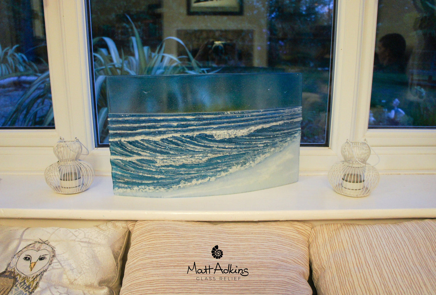 Glass Wave Stand Sun 44x26cm(17x10"), Teal Freestanding Wave Fused Glass Art, Breaking Wave, Ocean Coastal Seascape with birds Model 5