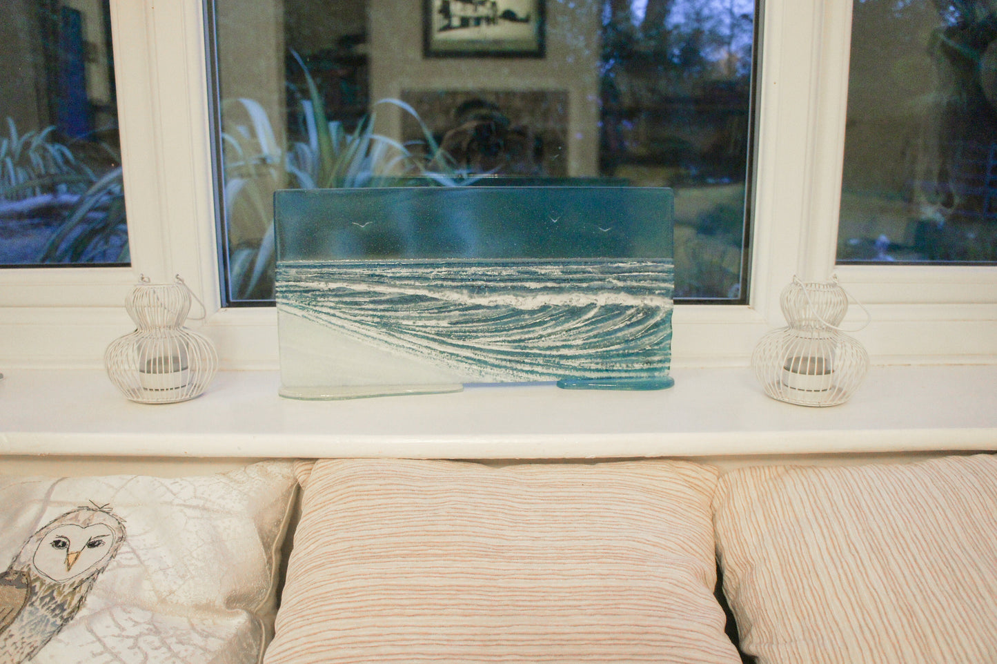 Wave Glass Art 40x20cm(16x8"), Turquoise Blue Teal Wave Panel Freestanding, Fused Glass Sea Art, Coastal Scene, Ocean Glass Art Sculpture