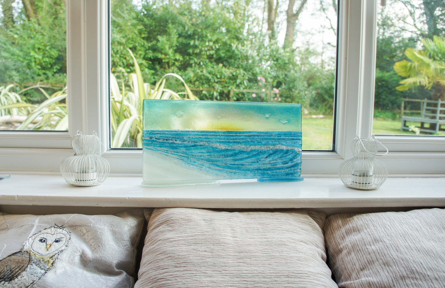 Wave Glass Art Sun 40x20cm(16x8"), Turquoise Teal Wave Panel Stand Seagulls, Fused Glass Ocean, Fused Glass Art, Sea Glass Art