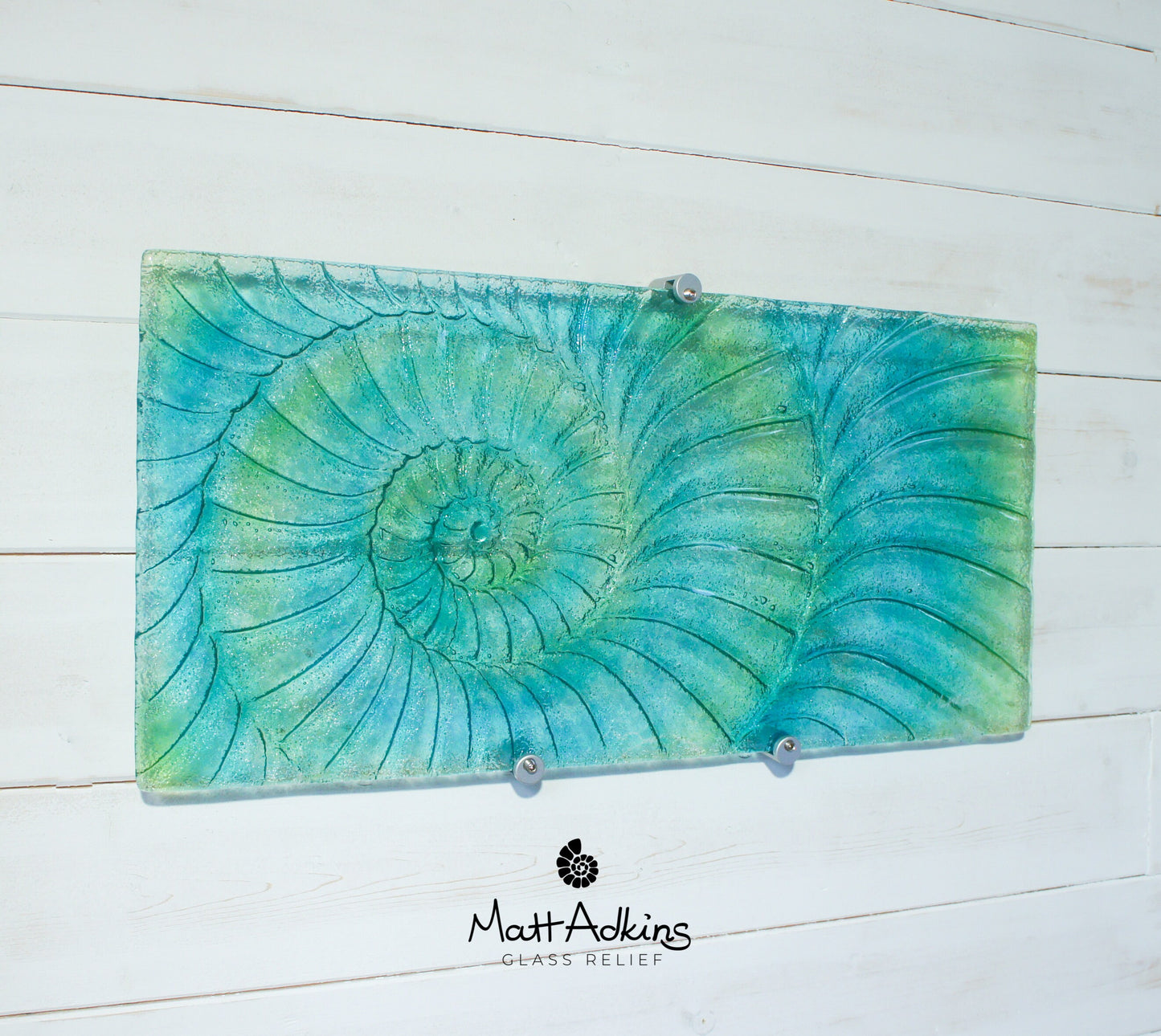 Large Ammonite Glass Art 56x26cm(22x10"), Green Turquoise Blue Swirl Landscape Fossil Fused Glass Wall Sculpture, Nautilus Abstract Art